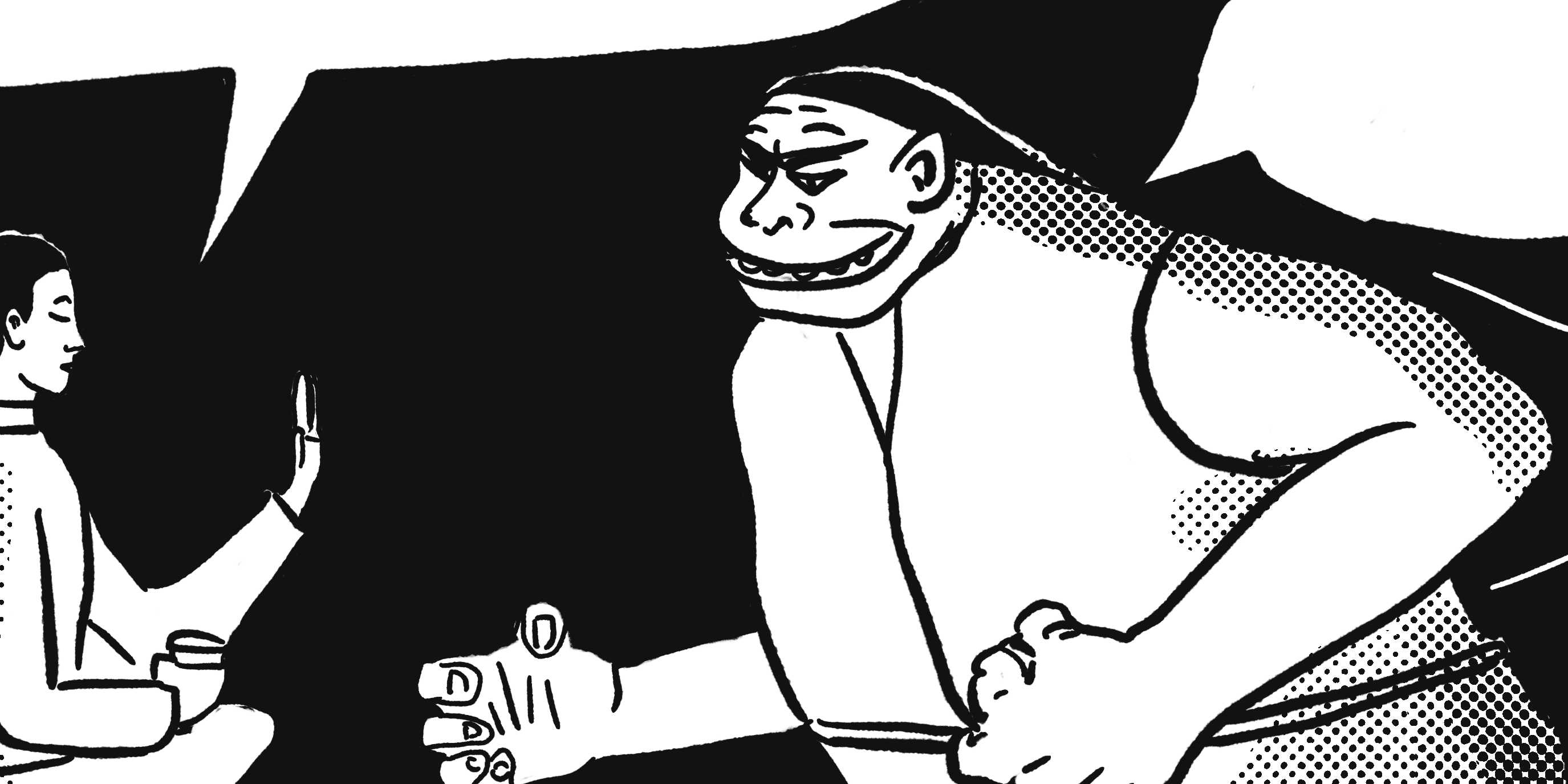 Image of a brute running towards a peacefully sitting young woman which is raising the hand towards him while holding a cup of tea in the other hand